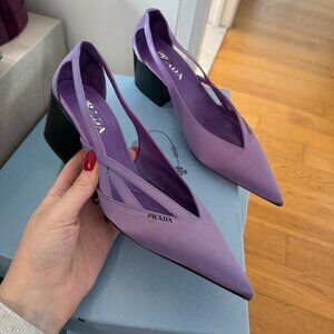 NWT Prada Pointed Toe Pumps Purple Satin Cut-out Sides Block Heels Sz 39